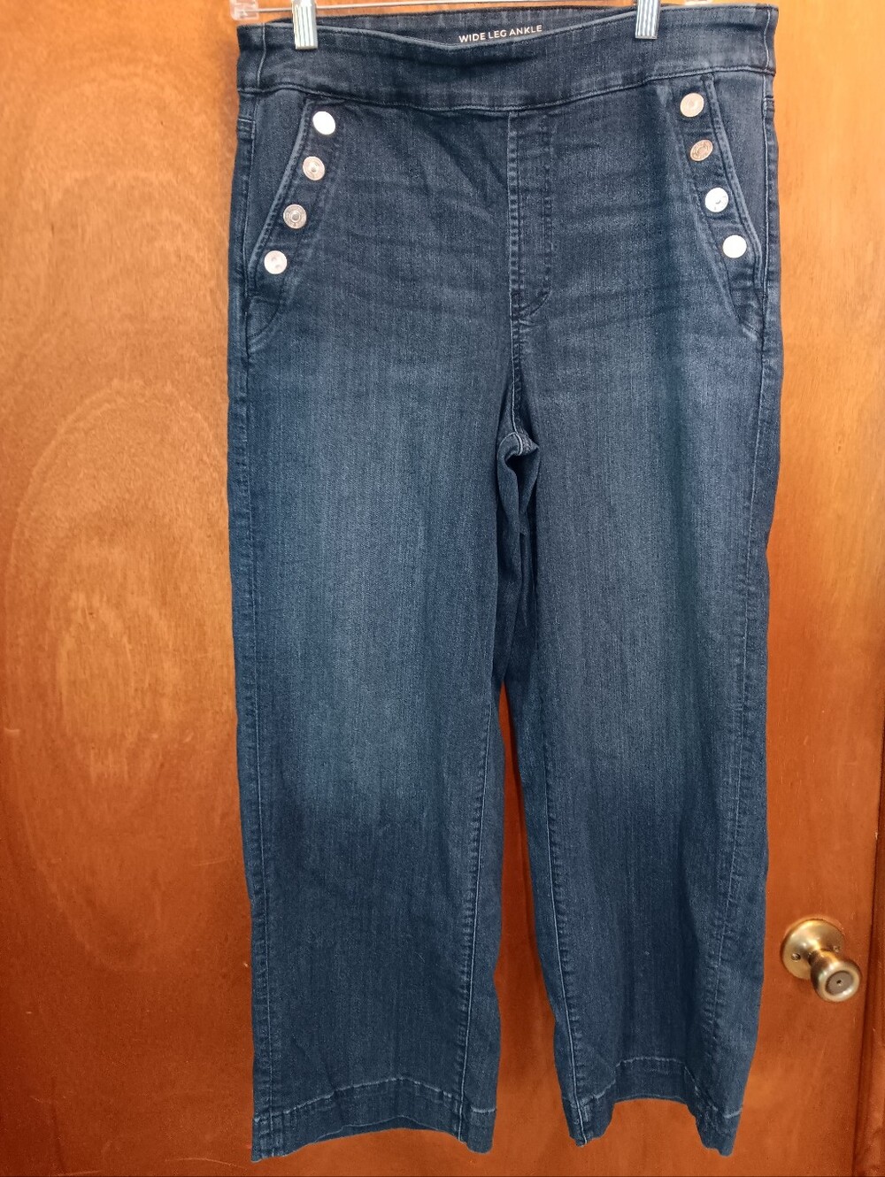 Chico's Dark Blue Wide Leg Ankle Jeans with Button Trim